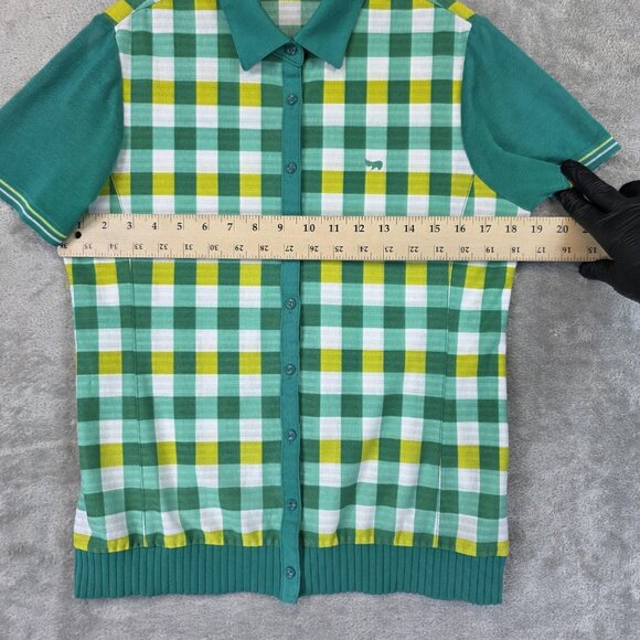 PAT Shirt Womens Large Green White Yellow Plaid Button Front Short Sleeve Knit - Picture 5 of 10
